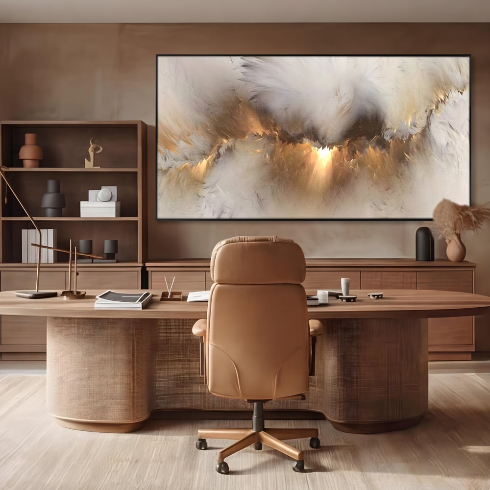 Tablou canvas cu tablou canvas cu peisaj abstract luminos, in rama de aluminiu negru, pe perete intr-un birou